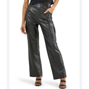 American Eagle Stretch Faux Leather Cargo Pants 4 Black High Waist Straight Leg